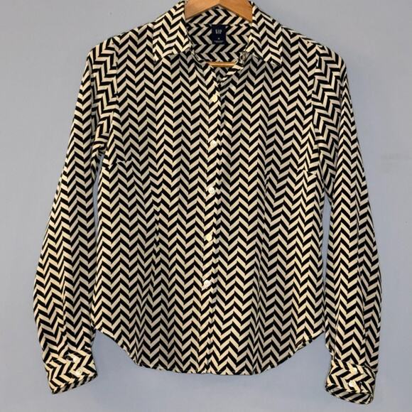 GAP Chevron Blouse M Black Tan Long Sleeve Button Down Women's Casual Work - Picture 1 of 5